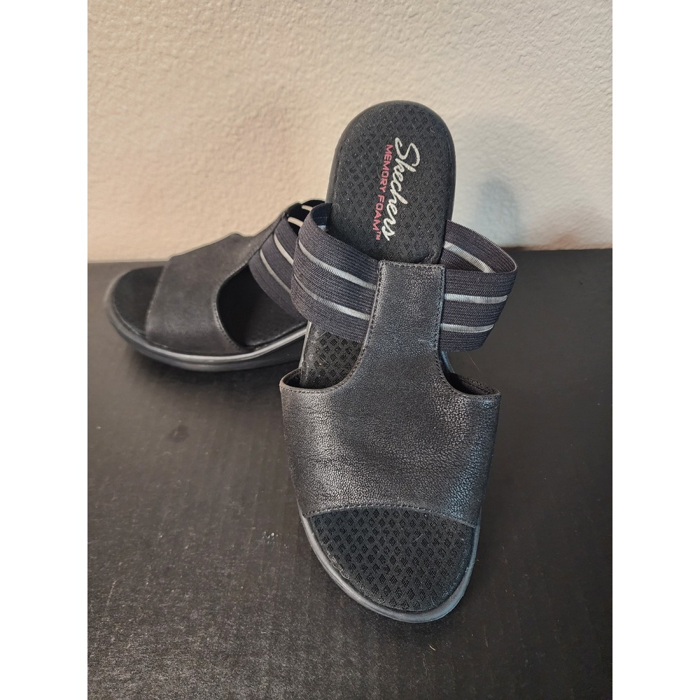 Skechers Memory Foam Black Wedge Slide Sandals Womens 10 Elastic Straps